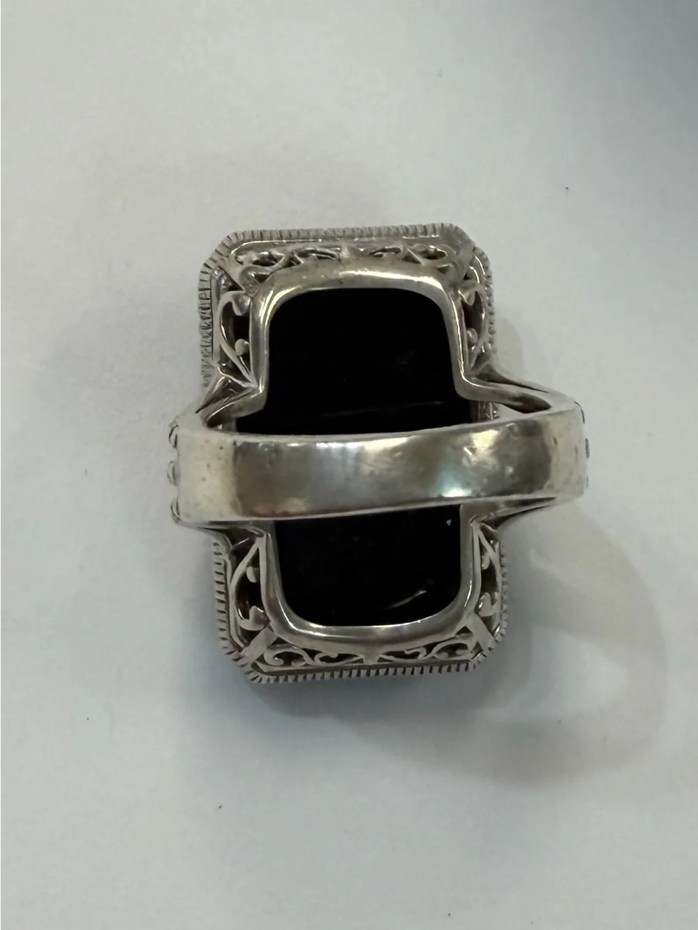 Effy Black Rectangular Faceted Stone Ring with Silver Beaded Setting